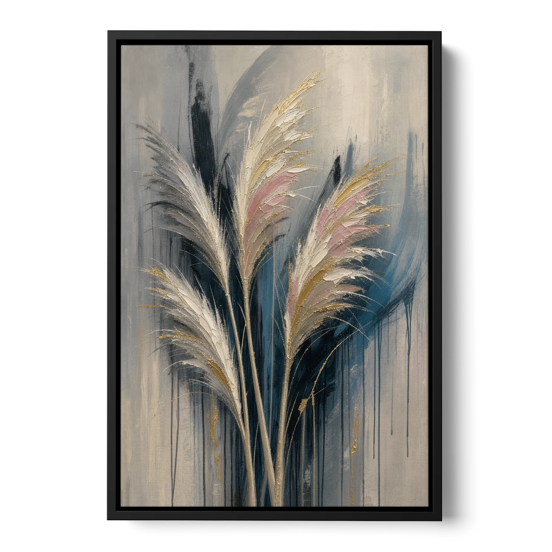 Pampas Grass Canvas with Rose and Gold Plumes - Black Framed Canvas Wall Art - Front
