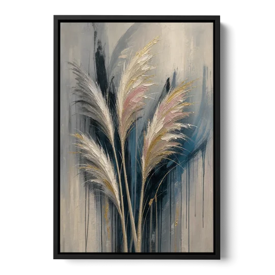 Pampas Grass Canvas with Rose and Gold Plumes - Black Framed Canvas Wall Art - Front