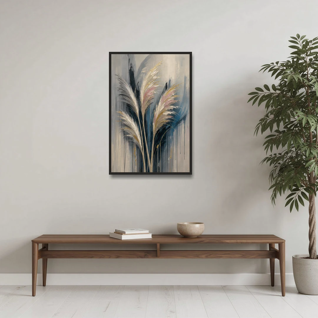Pampas Grass Canvas with Rose and Gold Plumes - Black Framed Canvas Wall Art - Coffee Table - 24x36