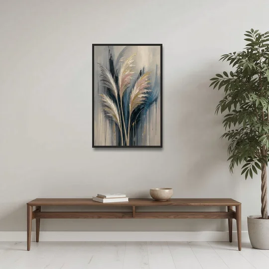 Pampas Grass Canvas with Rose and Gold Plumes - Black Framed Canvas Wall Art - Coffee Table - 24x36