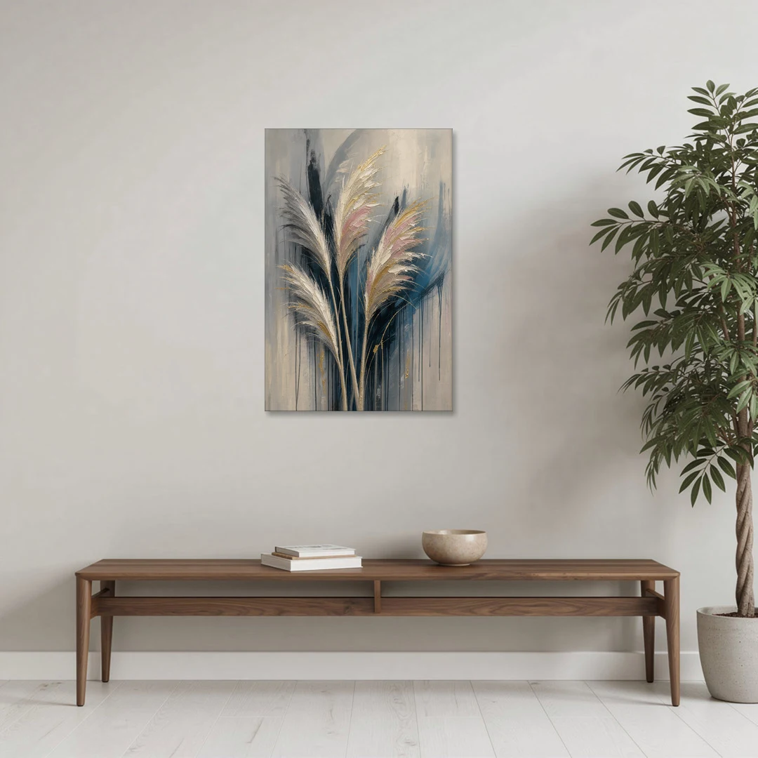 Pampas Grass Canvas with Rose and Gold Plumes - Canvas Wall Art - Coffee Table - 24x36