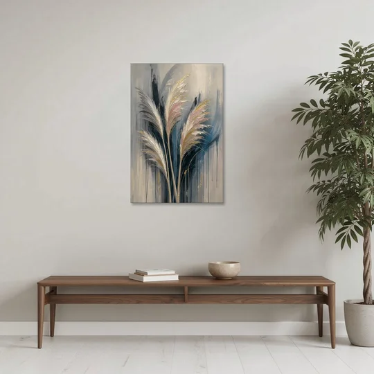 Pampas Grass Canvas with Rose and Gold Plumes - Canvas Wall Art - Coffee Table - 24x36