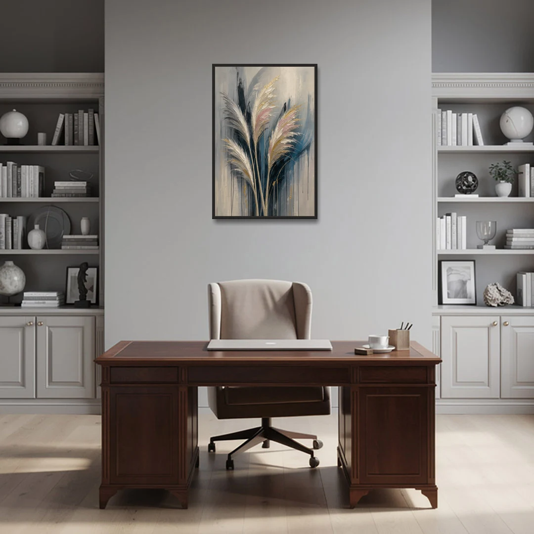 Pampas Grass Canvas with Rose and Gold Plumes - Black Framed Canvas Wall Art - Office - 24x36