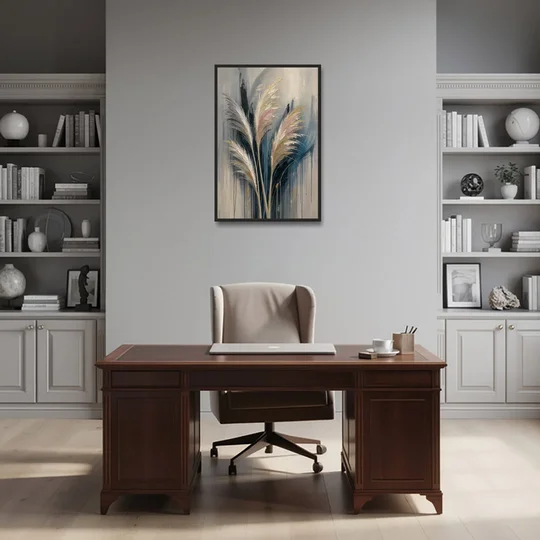 Pampas Grass Canvas with Rose and Gold Plumes - Black Framed Canvas Wall Art - Office - 24x36