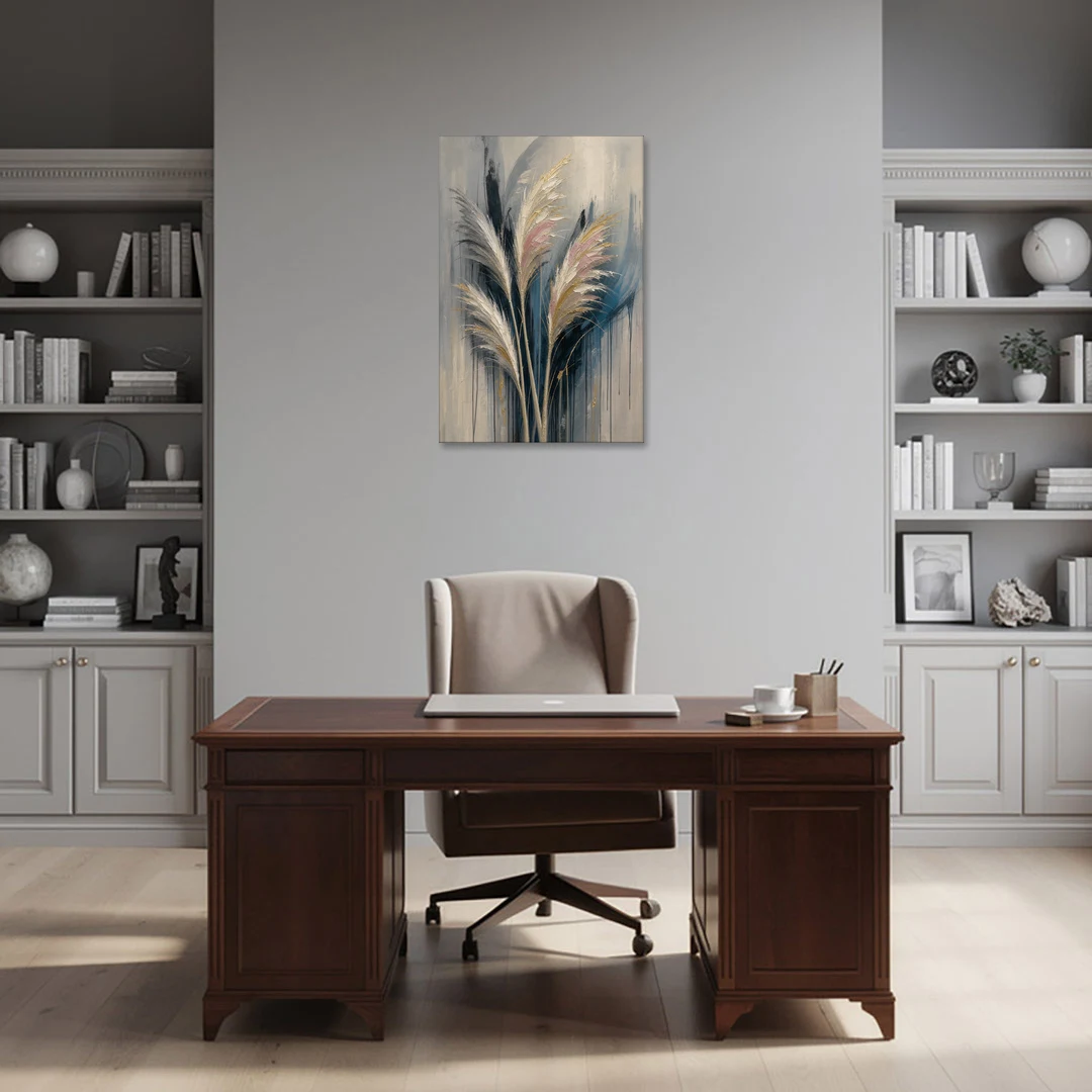 Pampas Grass Canvas with Rose and Gold Plumes - Canvas Wall Art - Office - 24x36