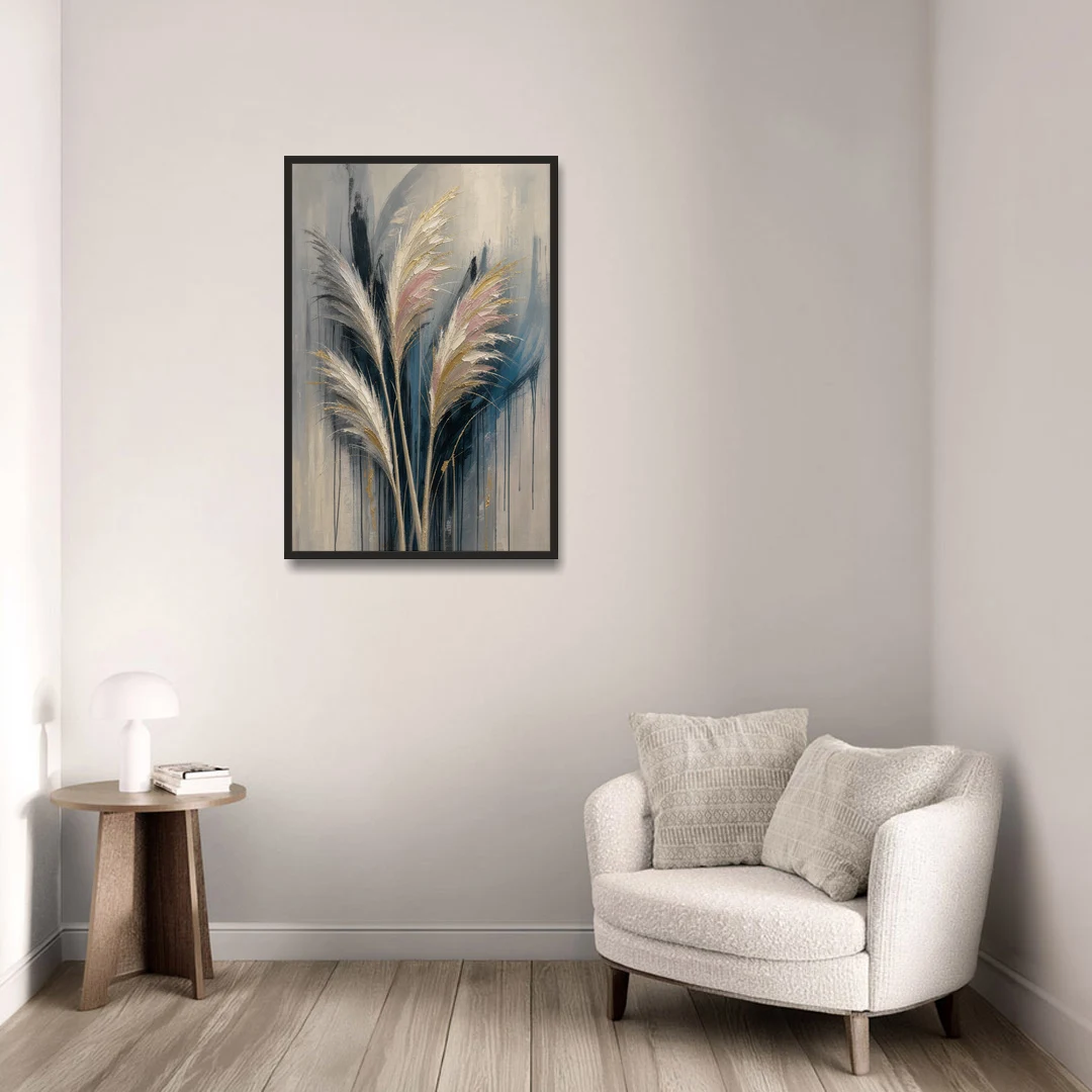 Pampas Grass Canvas with Rose and Gold Plumes - Black Framed Canvas Wall Art - Sofa - 24x36