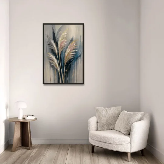 Pampas Grass Canvas with Rose and Gold Plumes - Black Framed Canvas Wall Art - Sofa - 24x36
