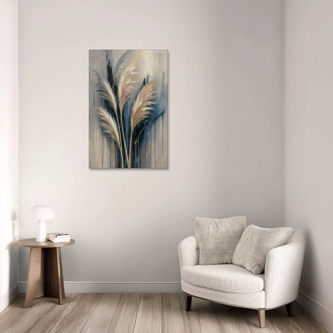 Pampas Grass Canvas with Rose and Gold Plumes - Canvas Wall Art - Sofa - 24x36