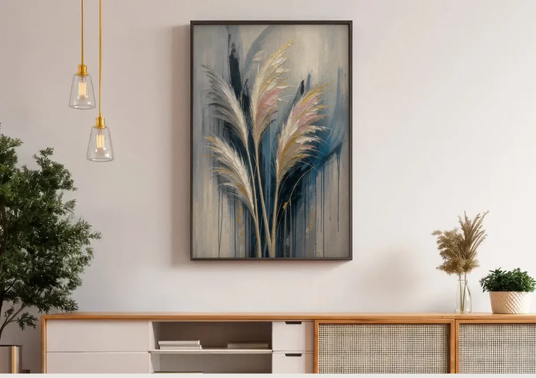 Pampas Grass Canvas with Rose and Gold Plumes canvas wall art above a wooden sideboard under pendant lights
