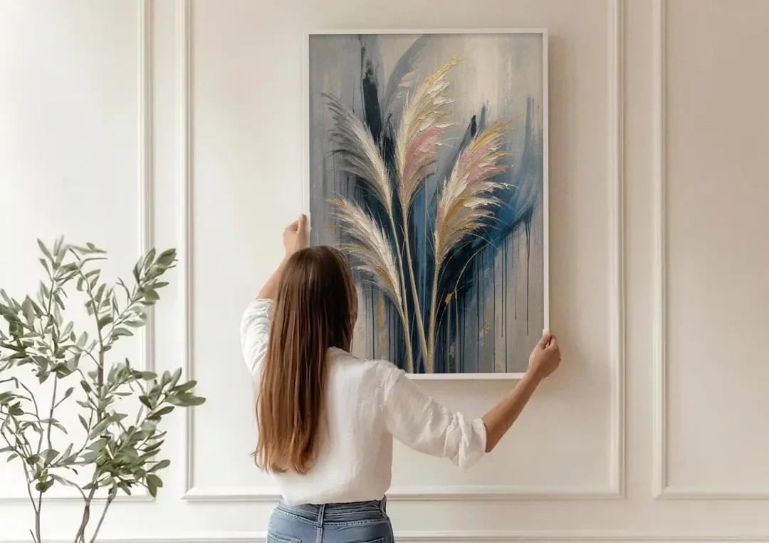 Pampas Grass Canvas with Rose and Gold Plumes canvas wall art being hung on a paneled wall