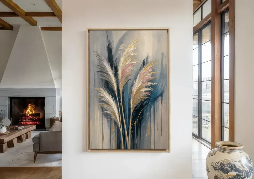 Pampas Grass Canvas with Rose and Gold Plumes canvas wall art in a living room with a fireplace