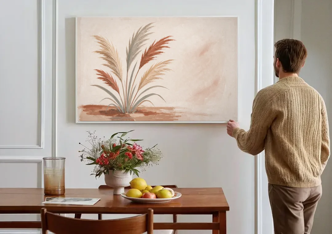 Pampas Grass Painting in a Soft Breeze canvas wall art above a dining table