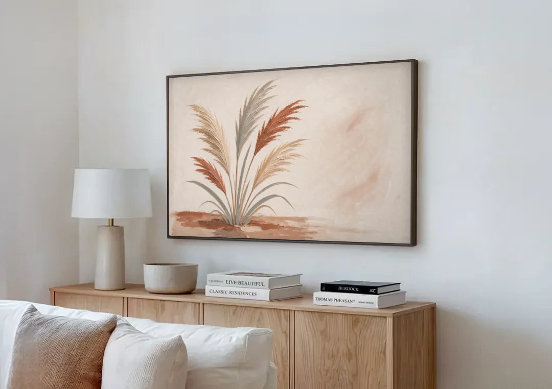 Pampas Grass Painting in a Soft Breeze canvas wall art above a wooden sideboard next to a sofa