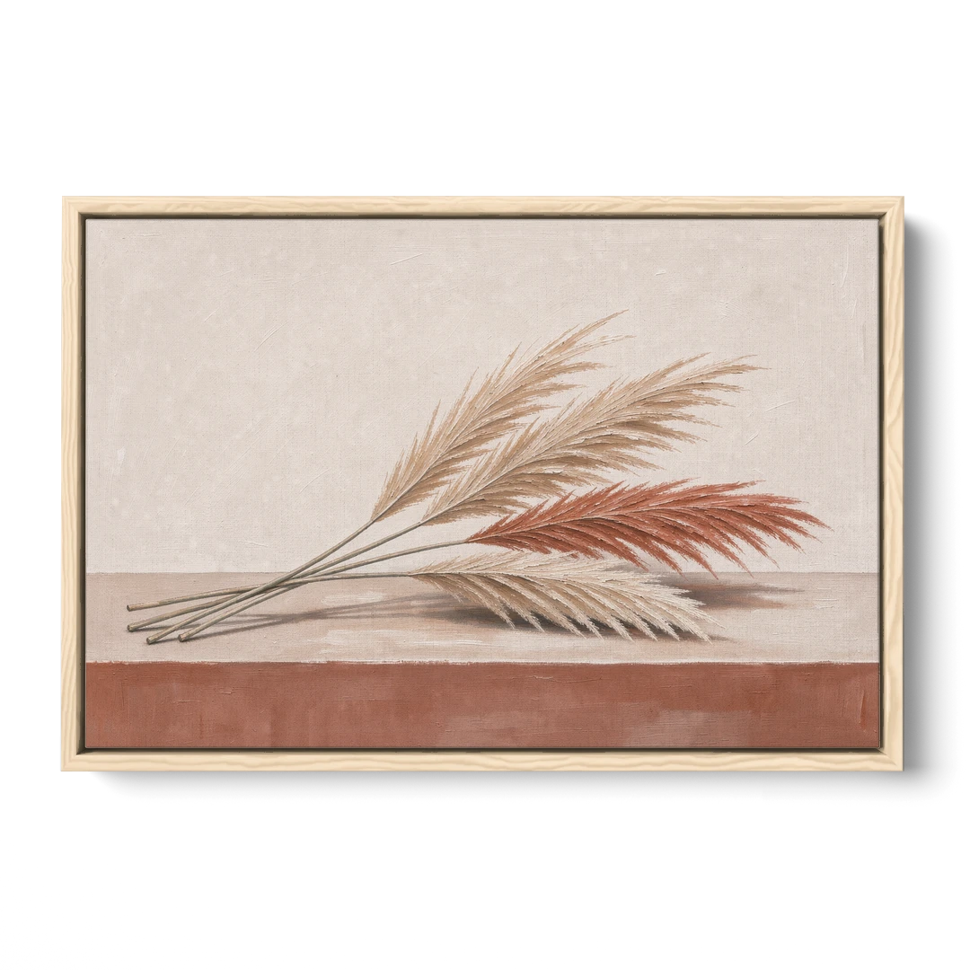 Pampas Grass Wall Art with Three Resting Plumes - Oak Framed Canvas Wall Art - Front