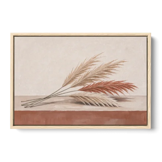 Pampas Grass Wall Art with Three Resting Plumes - Oak Framed Canvas Wall Art - Front