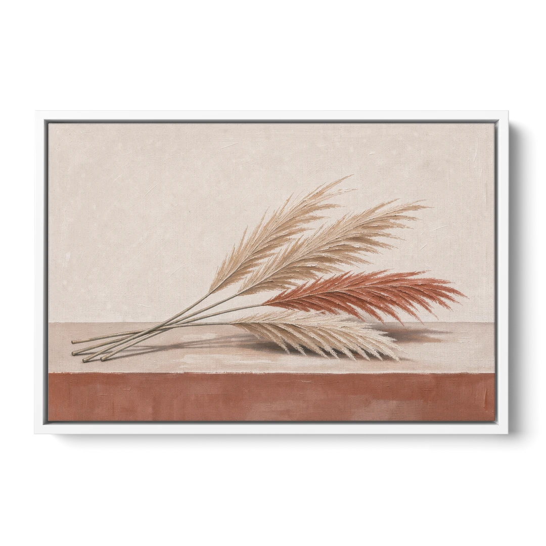 Pampas Grass Wall Art with Three Resting Plumes - White Framed Canvas Wall Art - Front