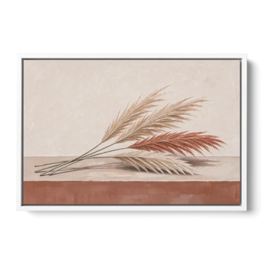 Pampas Grass Wall Art with Three Resting Plumes - White Framed Canvas Wall Art - Front