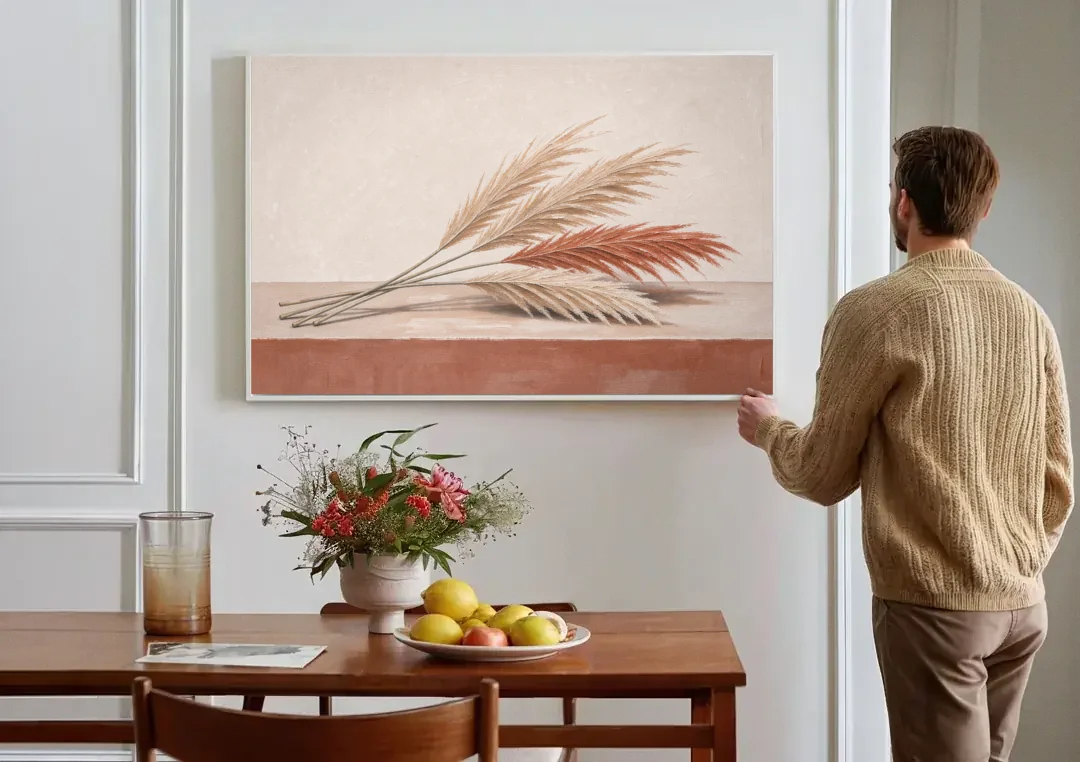 Pampas Grass Wall Art with Three Resting Plumes canvas wall art above a dining table