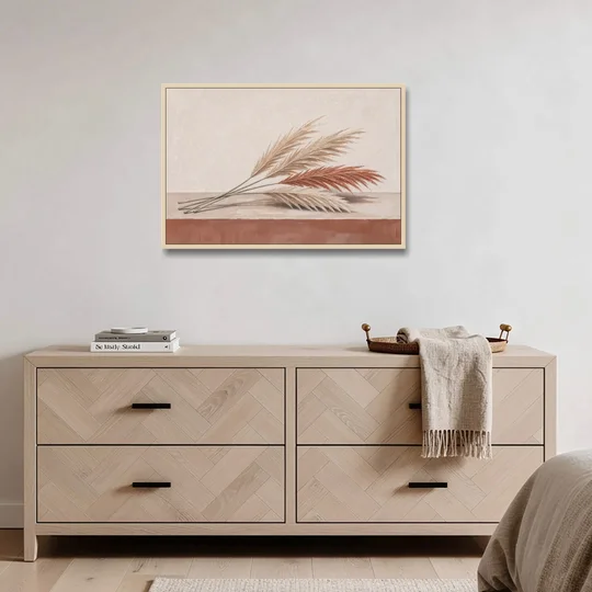 Pampas Grass Wall Art with Three Resting Plumes - Oak Framed Canvas Wall Art - Coffee Table - 36x24