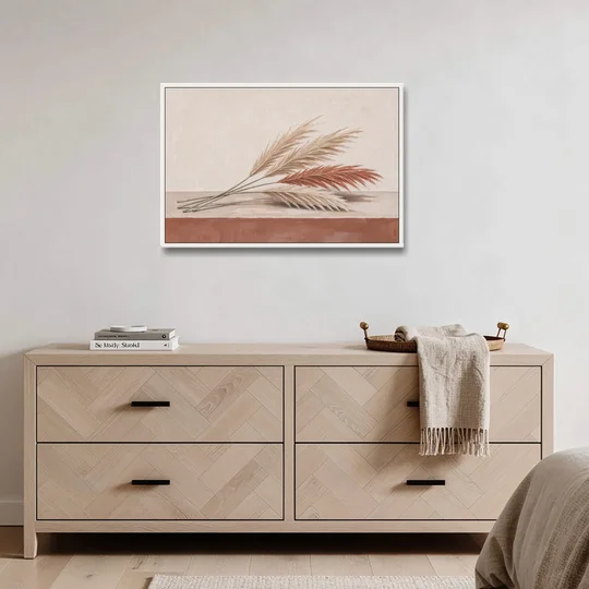 Pampas Grass Wall Art with Three Resting Plumes - White Framed Canvas Wall Art - Coffee Table - 36x24