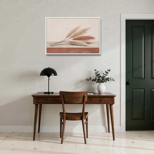 Pampas Grass Wall Art with Three Resting Plumes - White Framed Canvas Wall Art - Office - 36x24