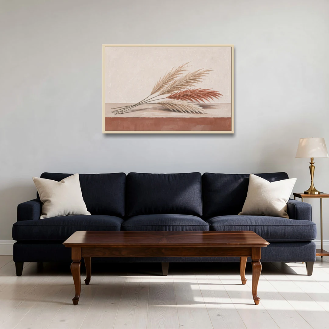 Pampas Grass Wall Art with Three Resting Plumes - Oak Framed Canvas Wall Art - Sofa - 36x24