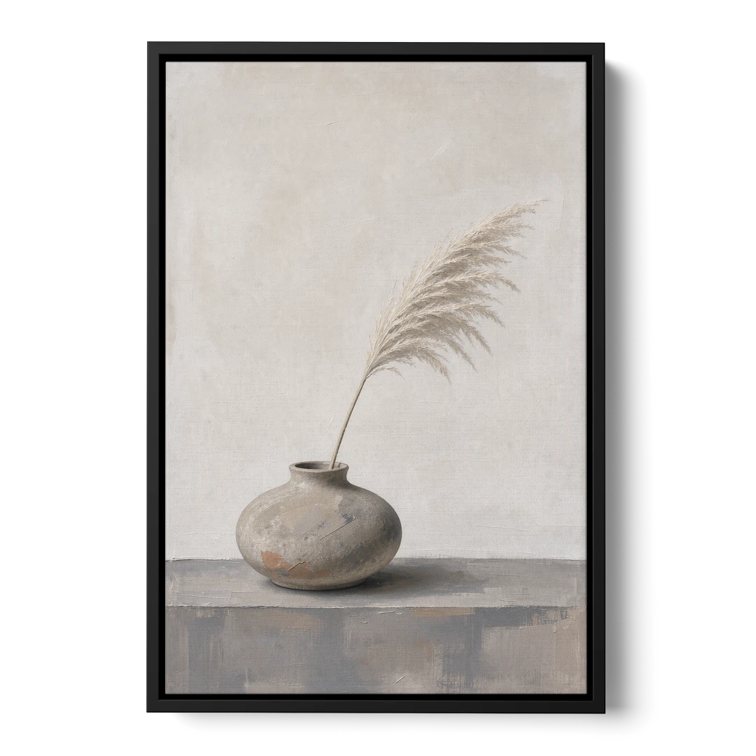 Pampas Plume in a Round Stoneware Vase - Black Framed Canvas Wall Art - Front