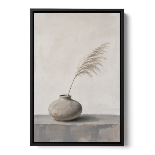 Pampas Plume in a Round Stoneware Vase - Black Framed Canvas Wall Art - Front