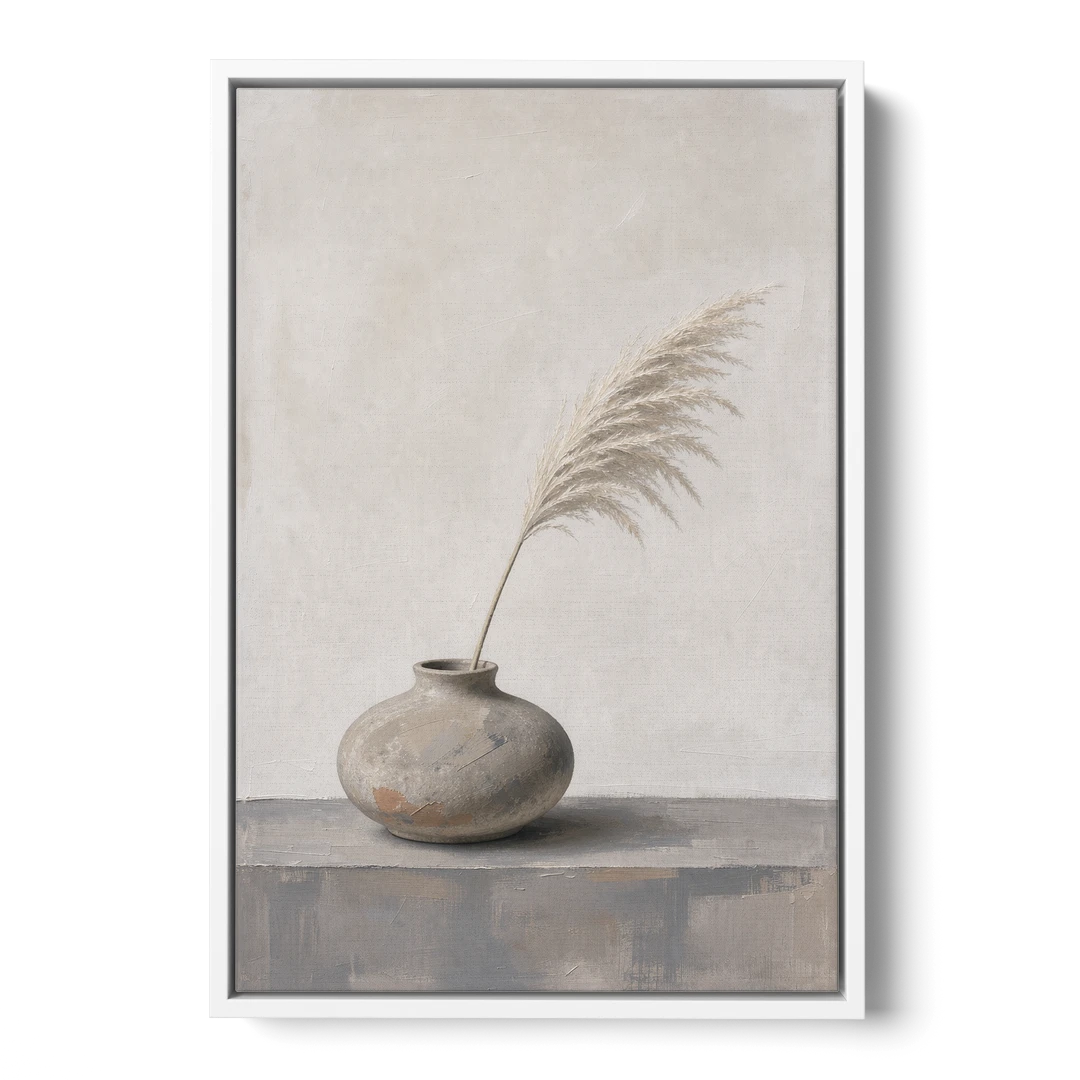 Pampas Plume in a Round Stoneware Vase - White Framed Canvas Wall Art - Front