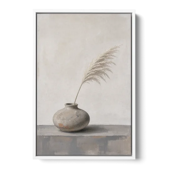 Pampas Plume in a Round Stoneware Vase - White Framed Canvas Wall Art - Front