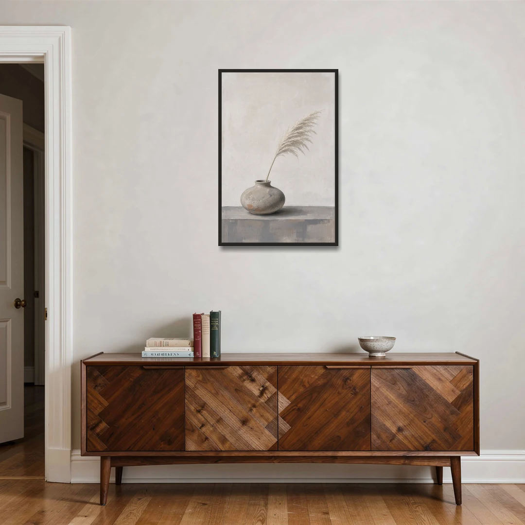 Pampas Plume in a Round Stoneware Vase - Black Framed Canvas Wall Art - Coffee Table - 24x36