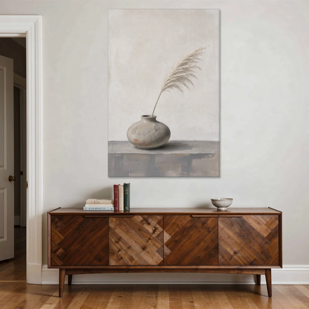 Pampas Plume in a Round Stoneware Vase - Canvas Wall Art - Coffee Table - 40x60