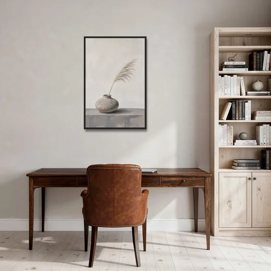 Pampas Plume in a Round Stoneware Vase - Black Framed Canvas Wall Art - Office - 24x36