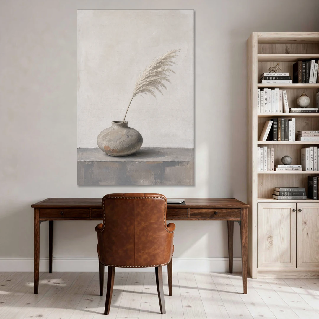 Pampas Plume in a Round Stoneware Vase - Canvas Wall Art - Office - 40x60