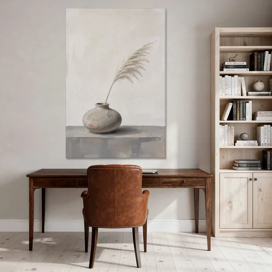 Pampas Plume in a Round Stoneware Vase - Canvas Wall Art - Office - 40x60