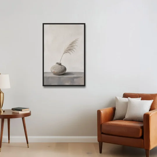 Pampas Plume in a Round Stoneware Vase - Black Framed Canvas Wall Art - Sofa - 24x36