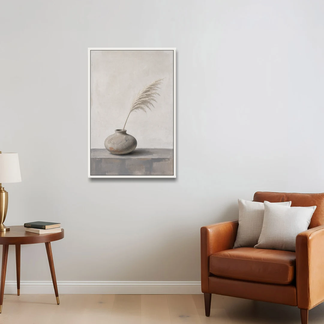 Pampas Plume in a Round Stoneware Vase - White Framed Canvas Wall Art - Sofa - 24x36