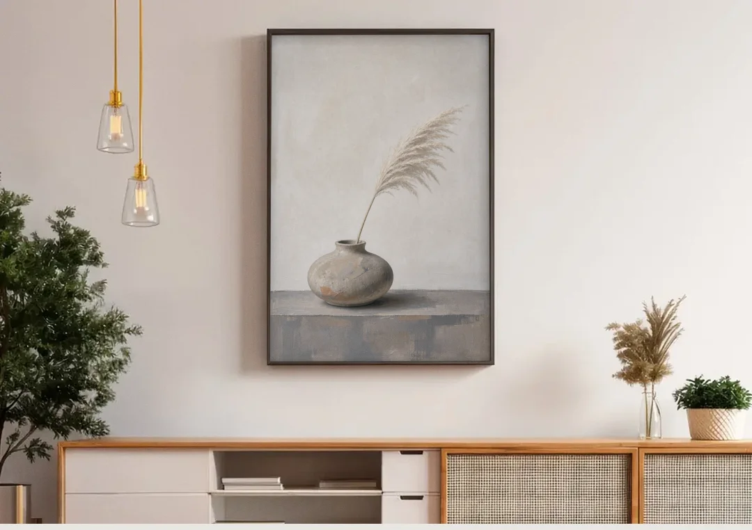 Pampas Plume in a Round Stoneware Vase canvas wall art above a wooden sideboard under pendant lights
