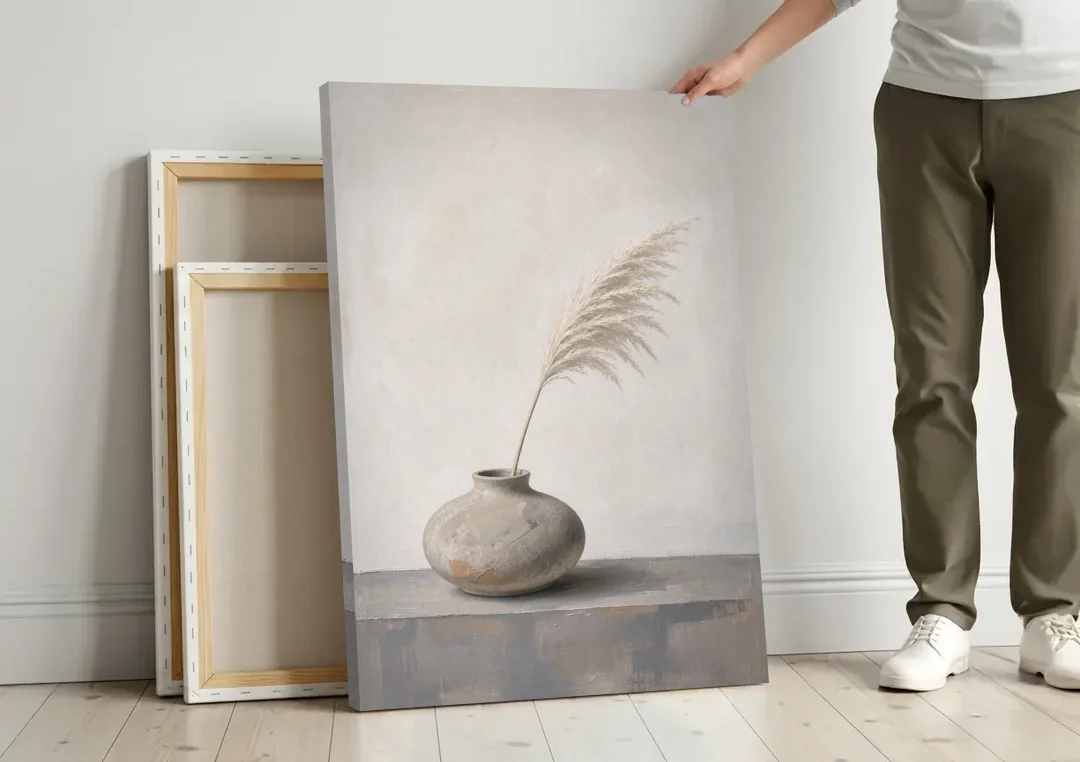 Pampas Plume in a Round Stoneware Vase canvas wall art leaning against a wall next to blank canvases