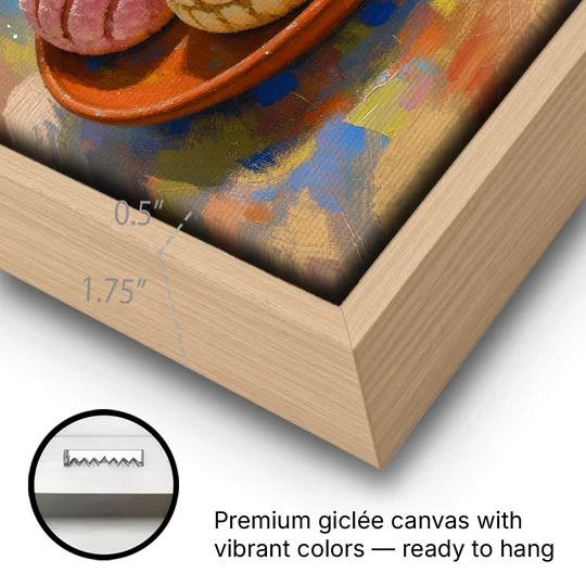 Pan Dulce Painting of Three Conchas - Oak Framed Canvas Wall Art - Gallery Wrap Corner