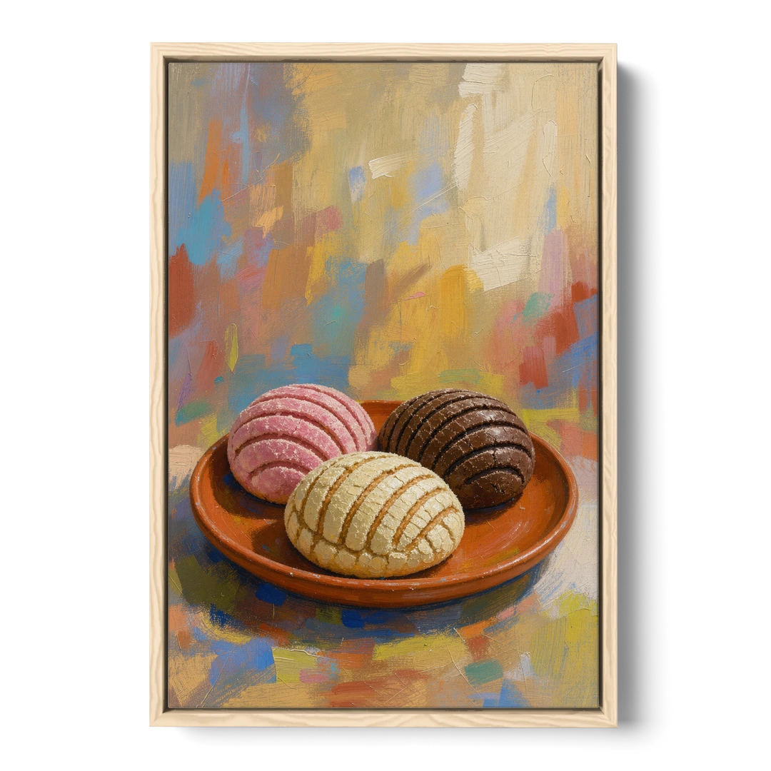 Pan Dulce Painting of Three Conchas - Oak Framed Canvas Wall Art - Front