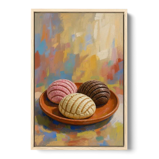 Pan Dulce Painting of Three Conchas - Oak Framed Canvas Wall Art - Front