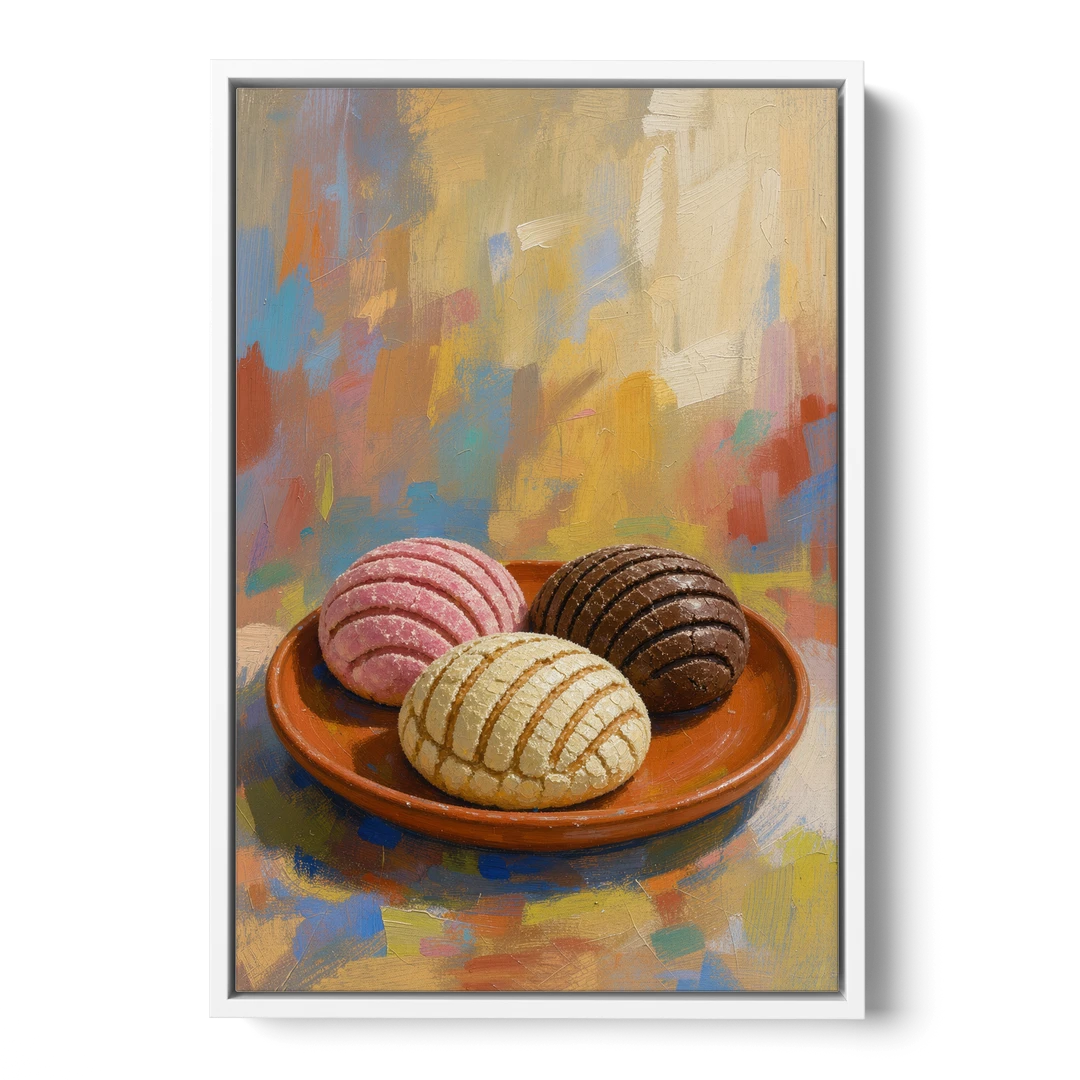 Pan Dulce Painting of Three Conchas - White Framed Canvas Wall Art - Front
