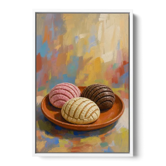 Pan Dulce Painting of Three Conchas - White Framed Canvas Wall Art - Front