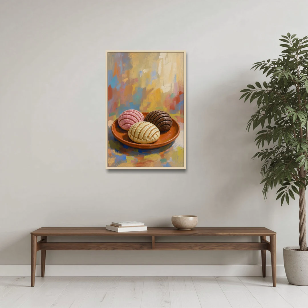 Pan Dulce Painting of Three Conchas - Oak Framed Canvas Wall Art - Coffee Table - 24x36