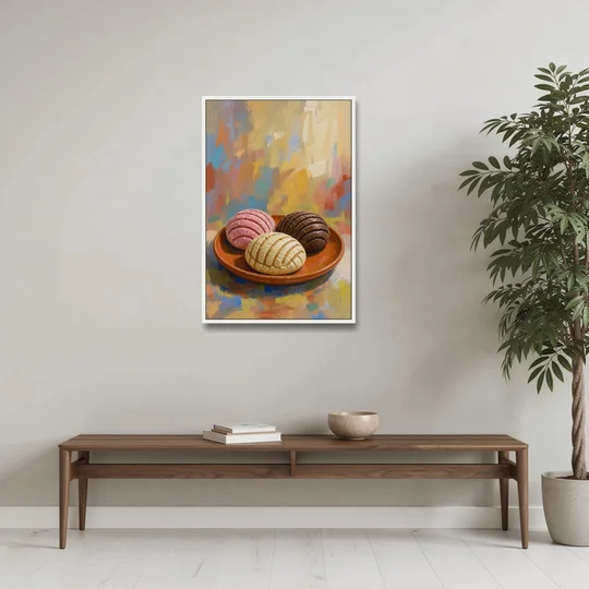 Pan Dulce Painting of Three Conchas - White Framed Canvas Wall Art - Coffee Table - 24x36