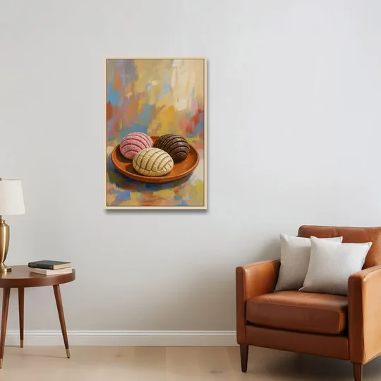 Pan Dulce Painting of Three Conchas - Oak Framed Canvas Wall Art - Sofa - 24x36