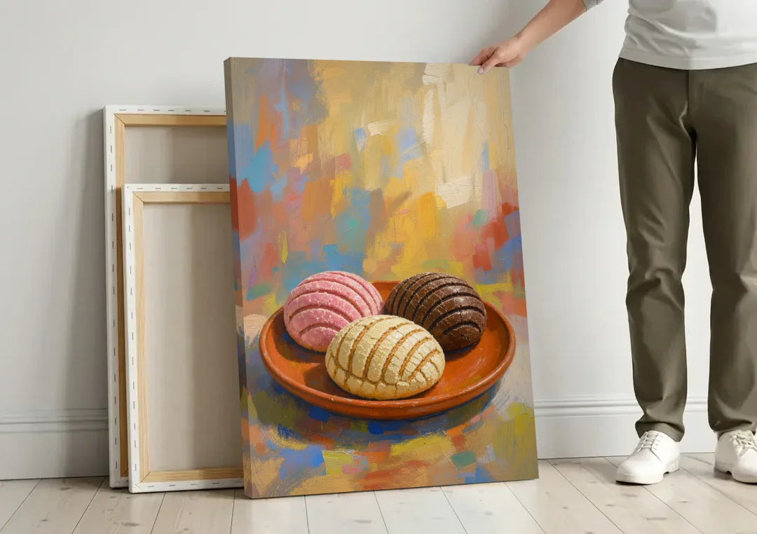 Pan Dulce Painting of Three Conchas canvas wall art leaning against a wall next to blank canvases