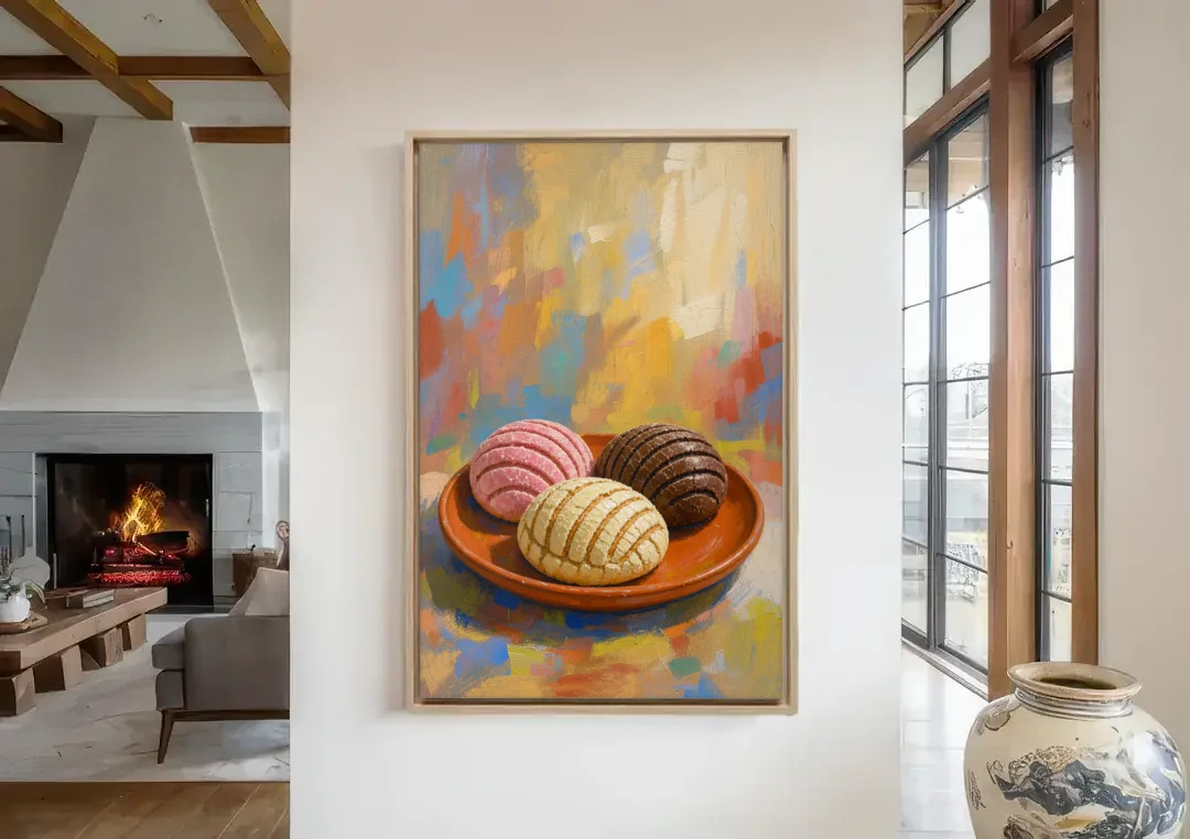 Pan Dulce Painting of Three Conchas canvas wall art in a living room with a fireplace