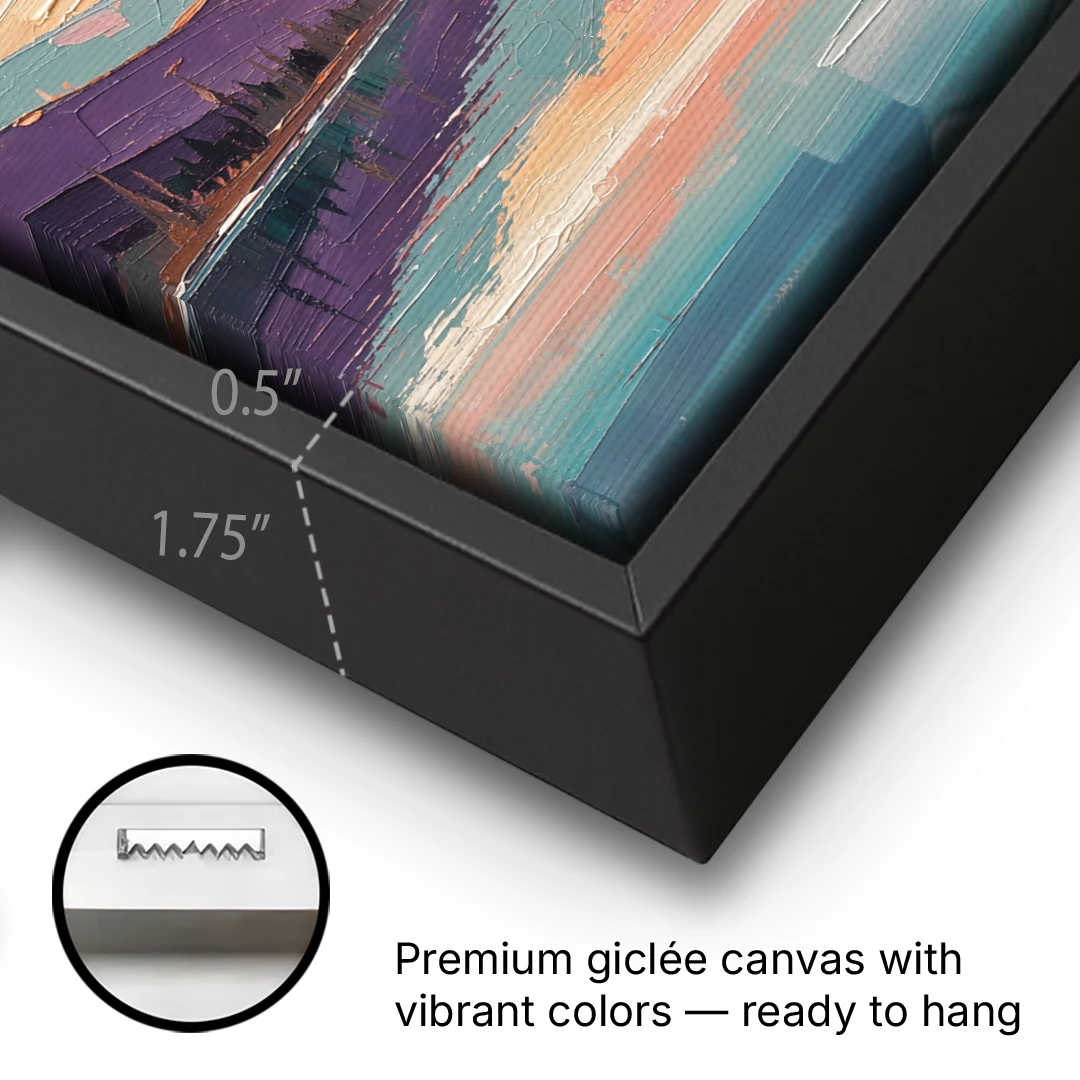 Panoramic Alpine Lake Sunset Peak - Black Framed Canvas Wall Art - Gallery Wrap Corner
